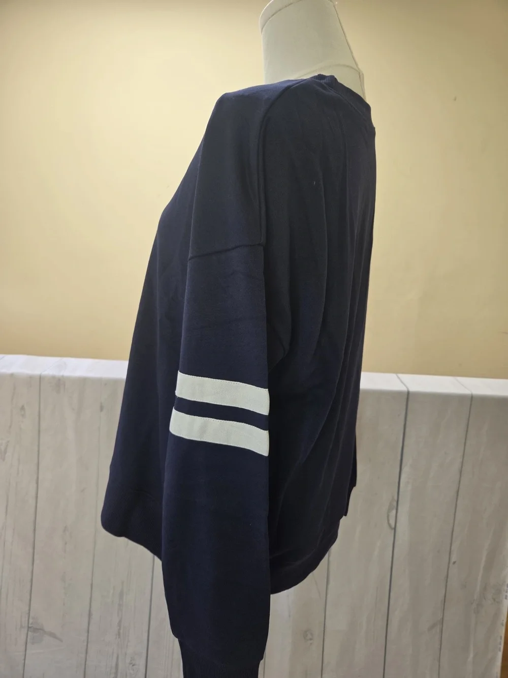 Navy Blue Preppy Striped Sleeve Loose Sweatshirt